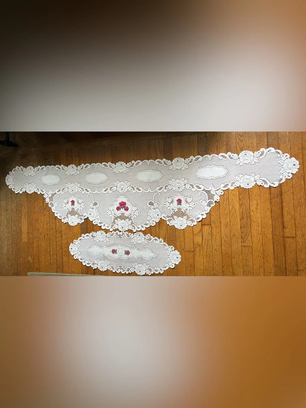 Heritage Lace Vintage Rose Mantle Scarf with matching centerpiece doily